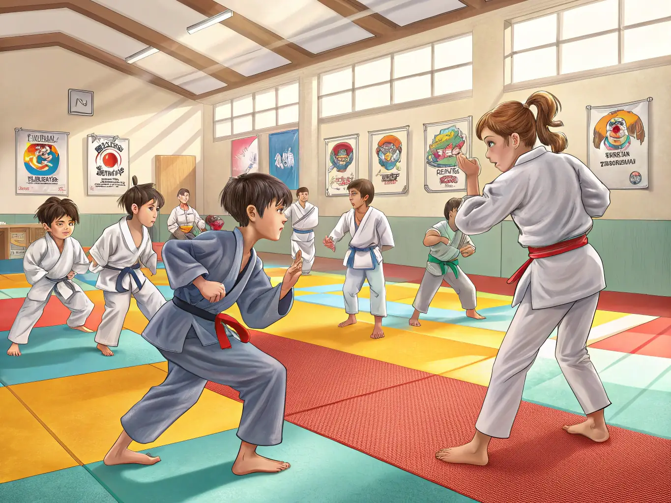A group of INKUBA KARATE CLUB members practicing karate techniques in a dojo, focusing on stances and forms.