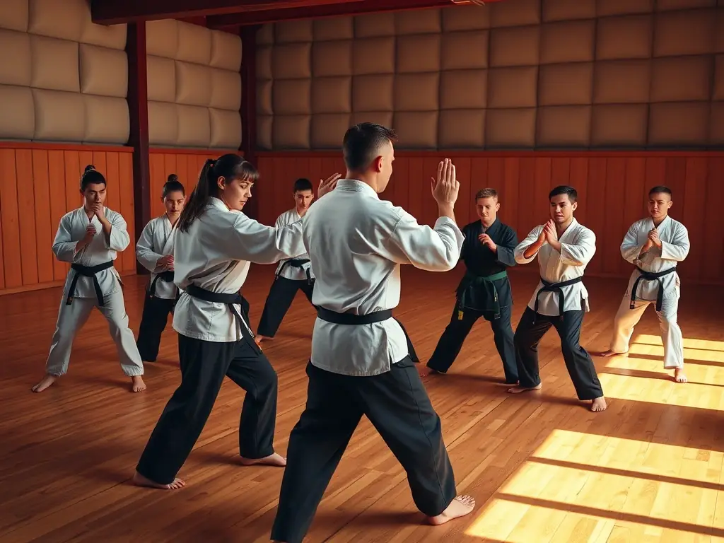 An INKUBA KARATE CLUB instructor demonstrating a self-defense technique to adult students in a training session.