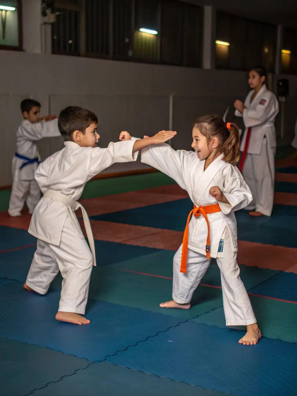 A group of children in karate uniforms practicing basic stances under the guidance of an instructor at INKUBA KARATE CLUB, demonstrating the junior program.