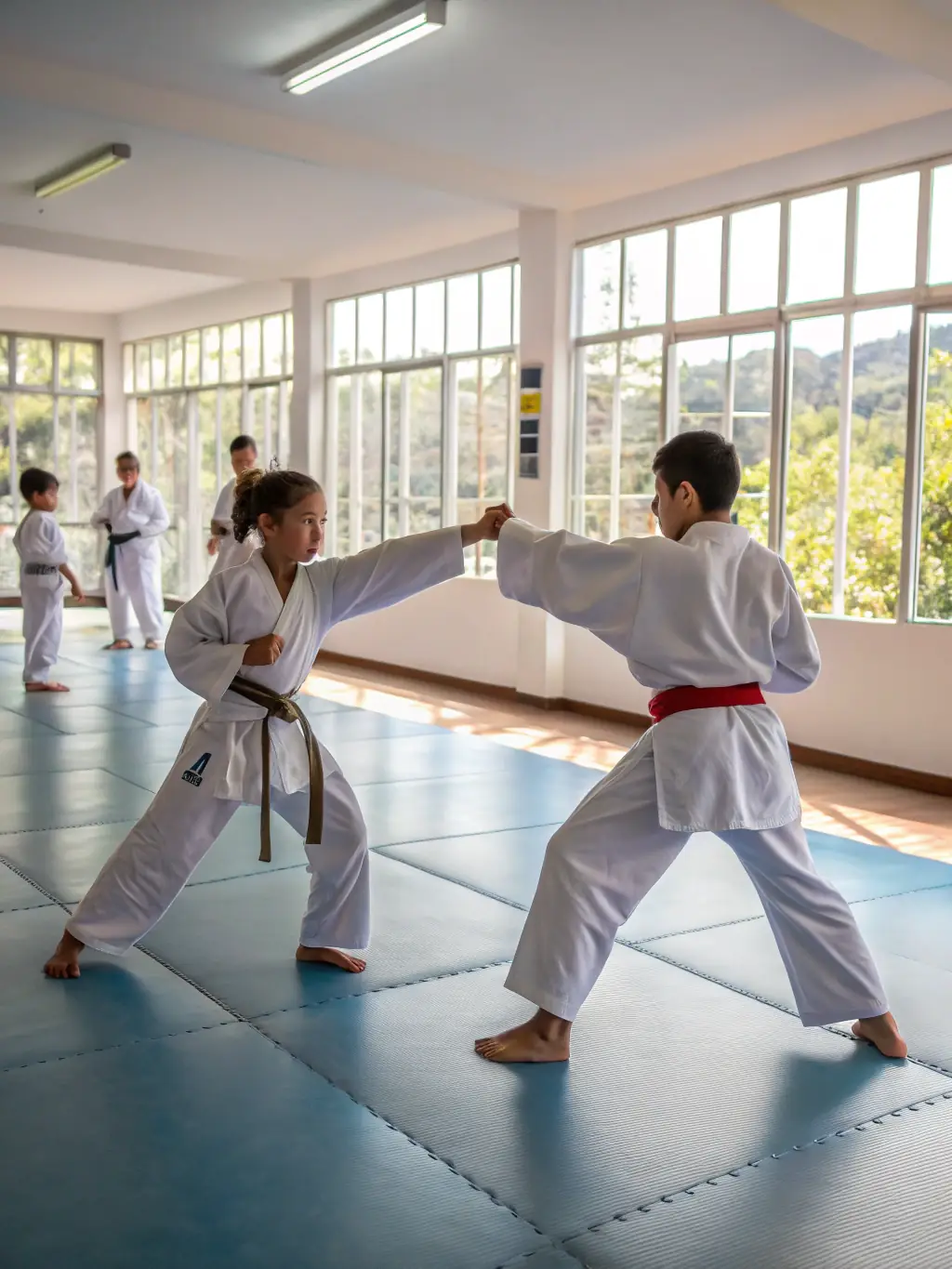A dynamic image of adult students engaged in sparring during an advanced karate class at INKUBA KARATE CLUB, showcasing skill and intensity.