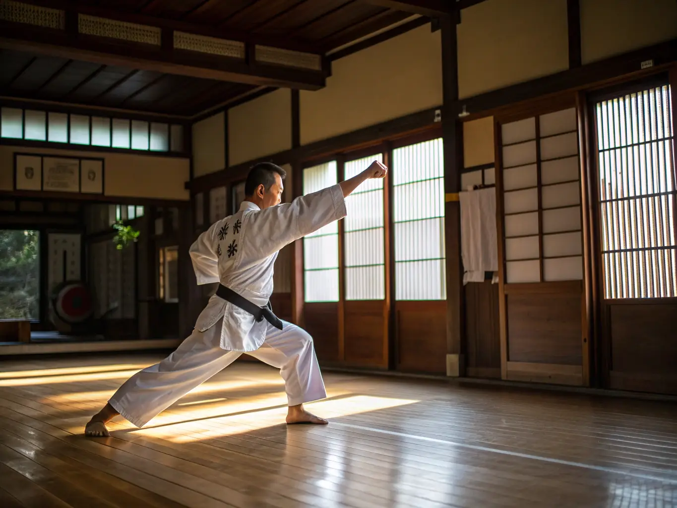A confident individual standing tall in their karate uniform, radiating self-assurance and pride.