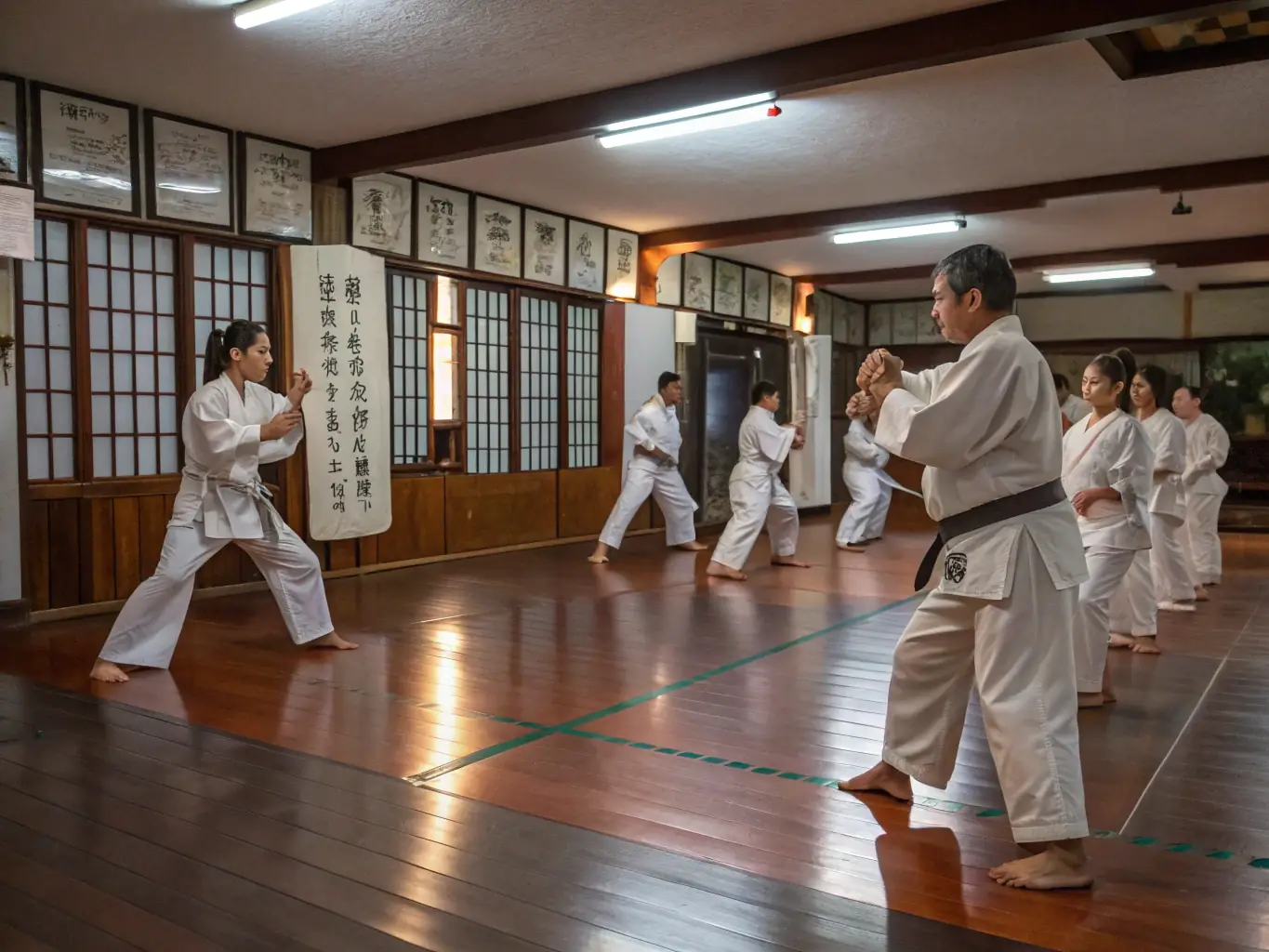 A group of diverse individuals practicing karate together in a dojo, demonstrating unity and teamwork.