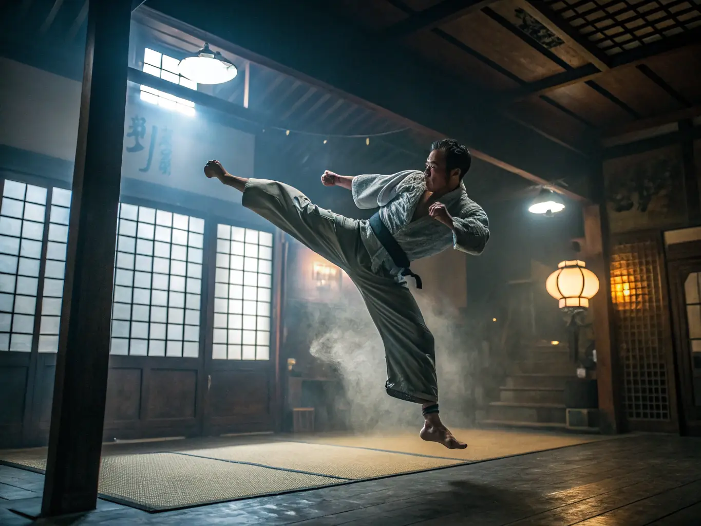 A focused individual practicing a precise karate move, showcasing discipline and control.