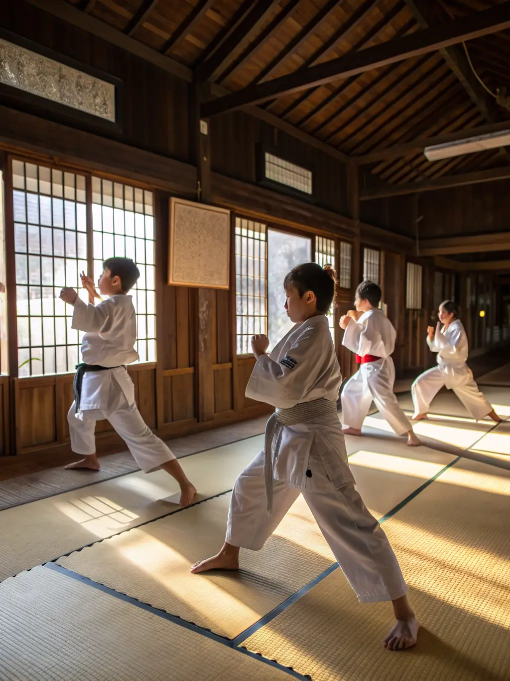 A serene image of students practicing kata (forms) in a traditional dojo setting at INKUBA KARATE CLUB, highlighting precision and focus.